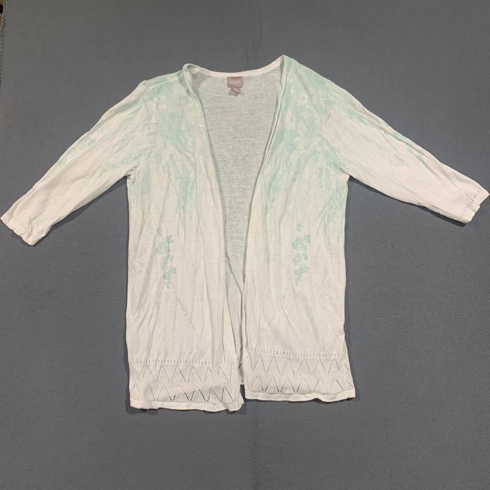 Chicos Cardigan‎ Womens 2 Large Open Front Pointelle Hem Long Spring Pastel